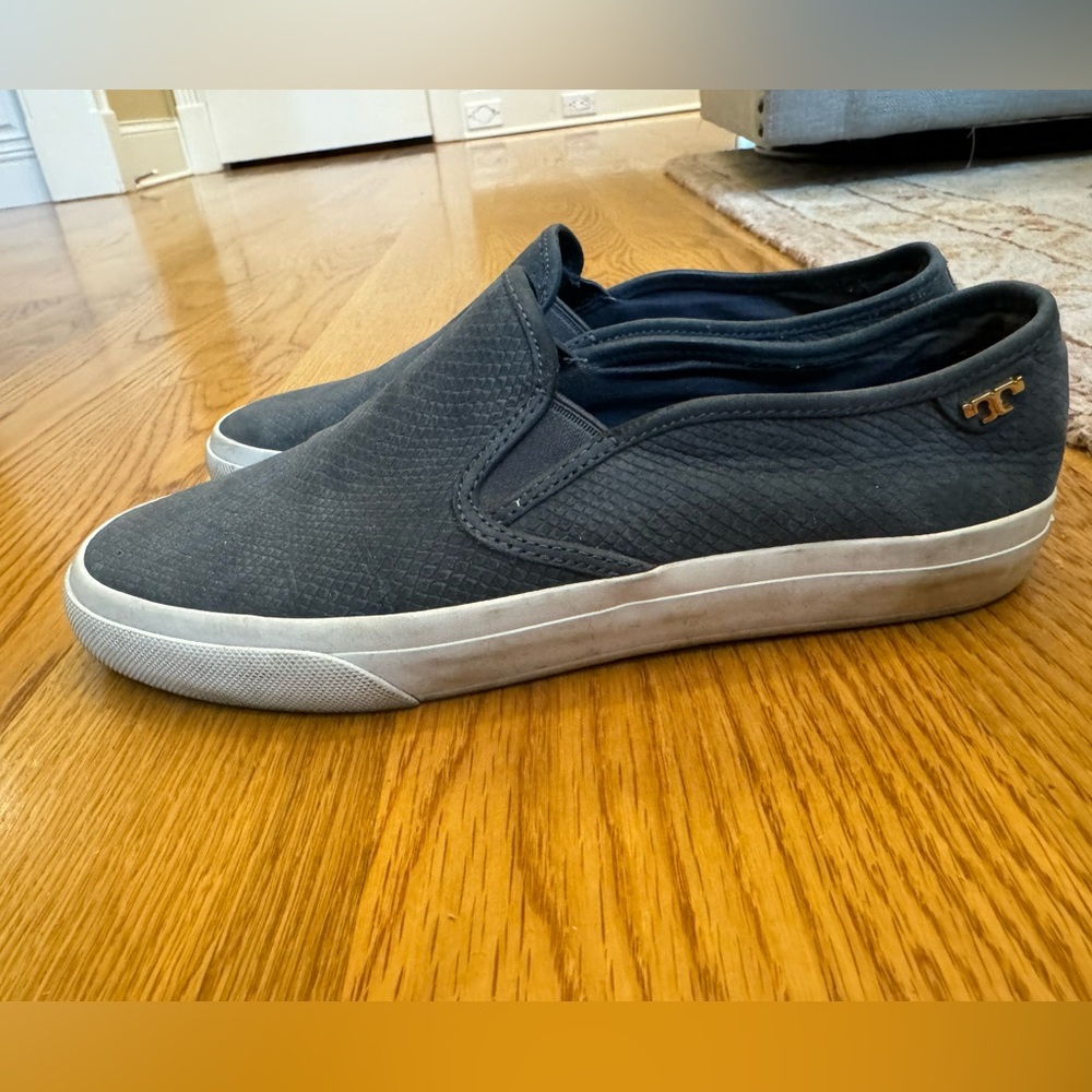 Tory Burch slip ons. Size 8.5. Snake patterned blue leather.